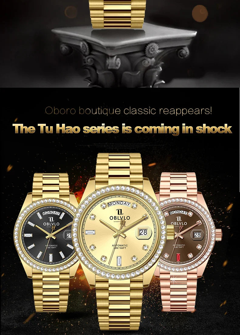 OBLVLO Men's Luxury Watch Yellow Gold White Dial Automatic Date Diamond Bezel Mechanical Bracelet Watches with Day RX-DD