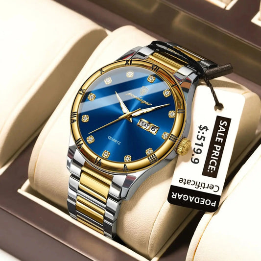 POEDAGAR Top Luxus Uhr Für Mann Datum Woche Wasserdicht Leucht Mann Armbanduhr Quarz Edelstahl herren Uhren Sport Reloj