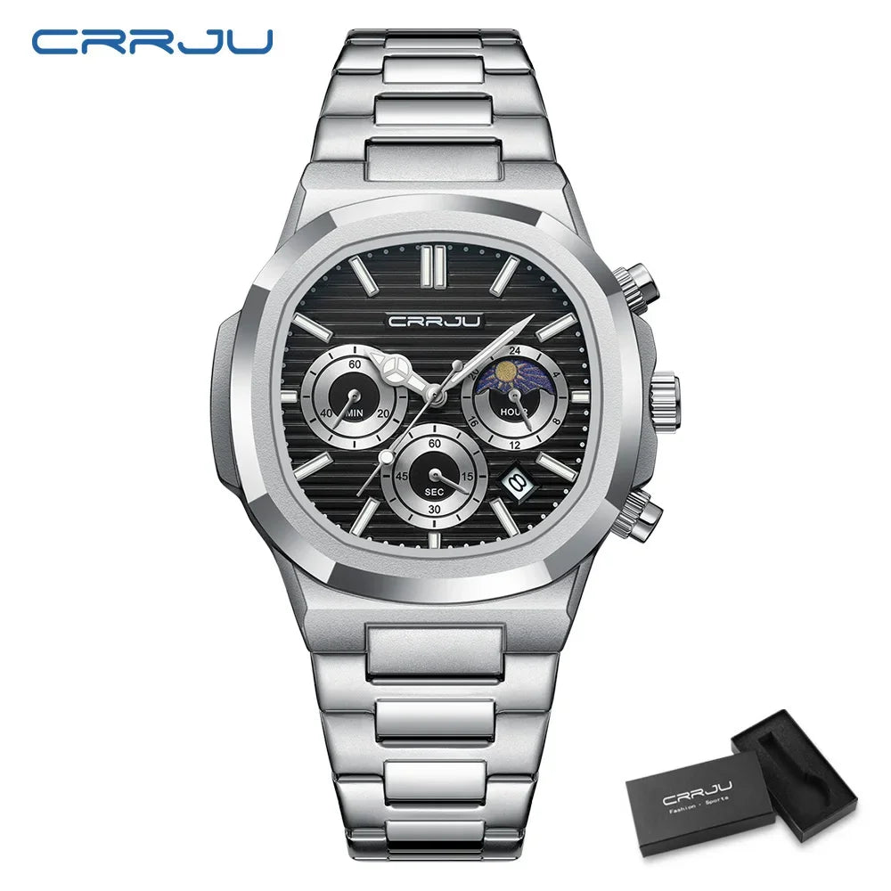 CRRJU Herrenuhr, wasserdicht, leuchtende Armbanduhr, Quarz-Edelstahluhr für Herren, Pilot-Top-Marke, Herrenuhren, Chronograph