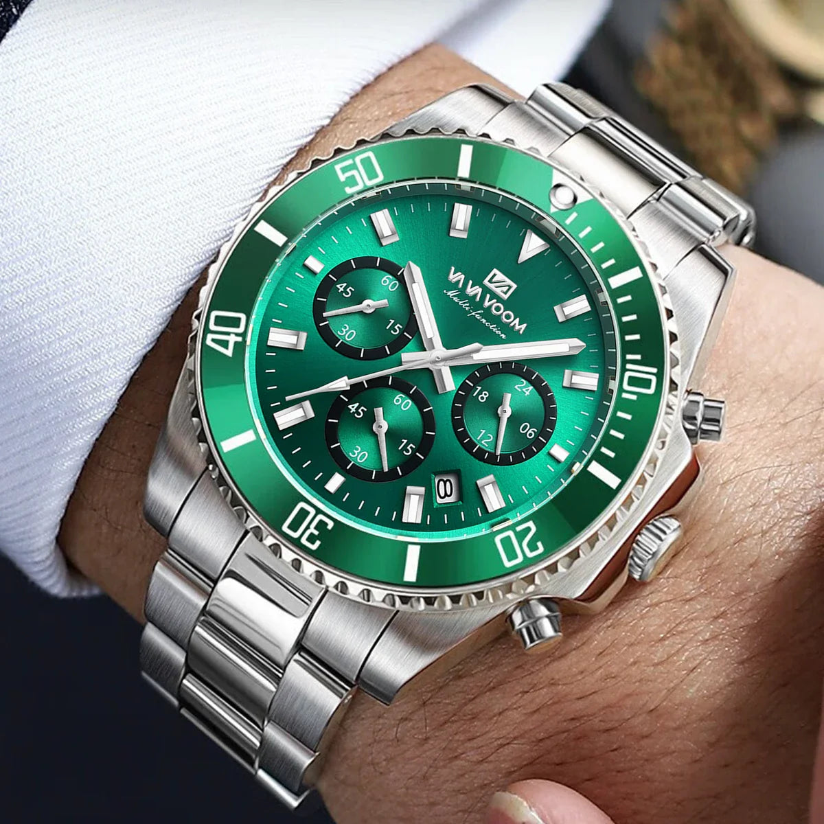 VA VA VOOM Marke Top Männer Uhr 1 Stück Multifunktionale Modische Timing Zifferblatt Grün Gold Edelstahl 3Bar Timing Uhr für Männer