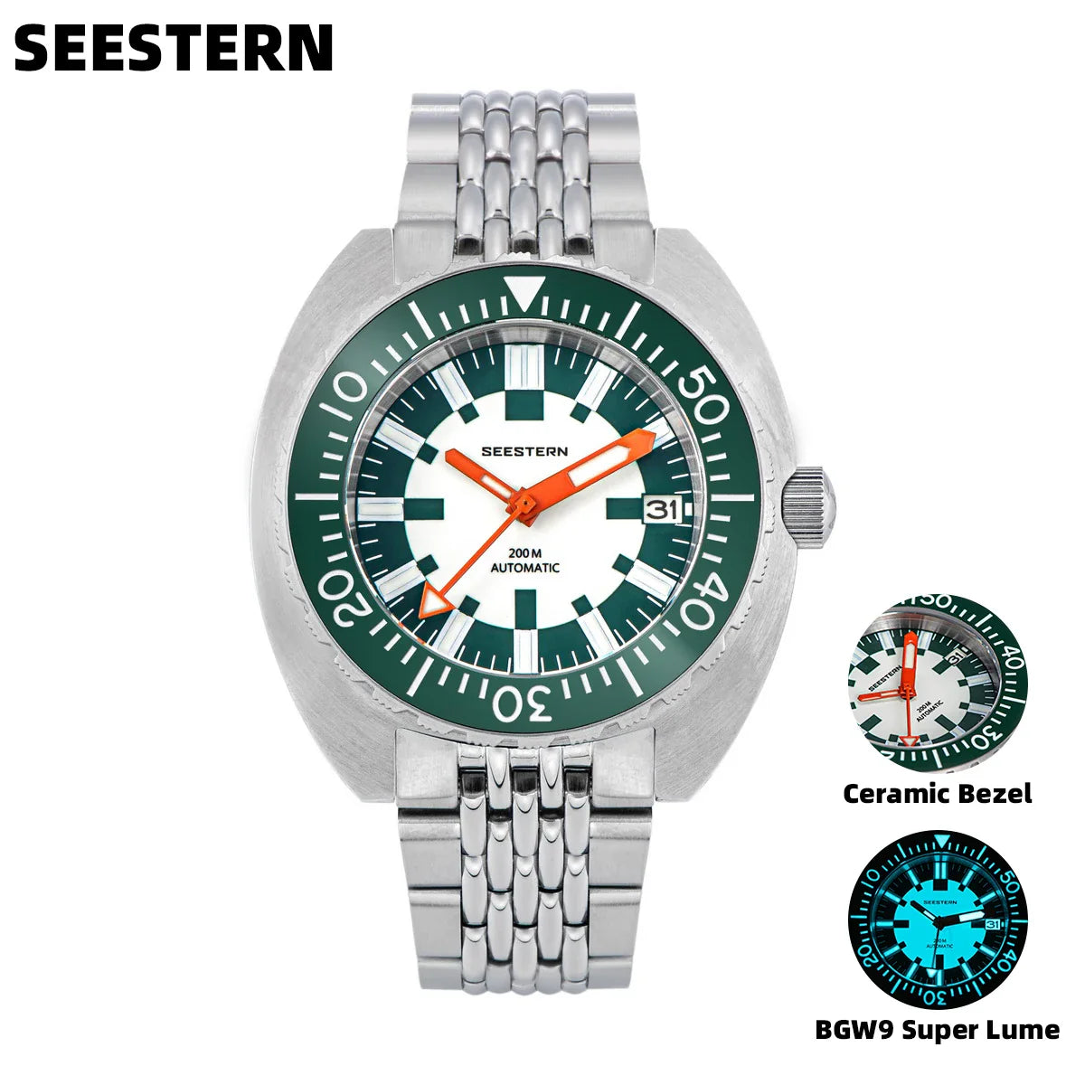 SEESTERN SUB300T Luminous Diver Watch Automatic Men Date 200m Turn Bracelet Wristwatches Retro Mechanical Sapphire Ceramic New