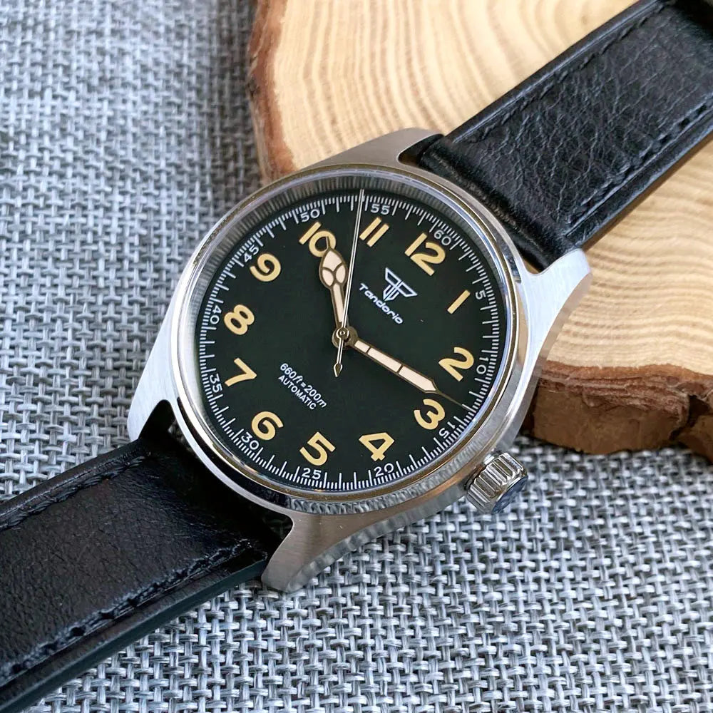 Tandorio 39 mm schwarzes Zifferblatt, Saphirglas, 20 ATM, Tauchen, NH35A PT5000, automatische Pilotenuhr, gebürstet, Herrenuhr, Lederarmband