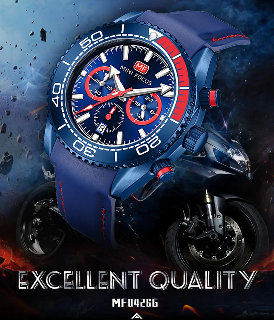 MINI FOCUS Chronograph Quarzuhren für Herren, modische Sport-Armbanduhr mit automatischem Datum, 24-Stunden-Anzeige, blaues Silikonarmband 0426