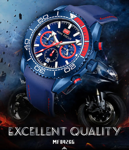 MINI FOCUS Chronograph Quarzuhren für Herren, modische Sport-Armbanduhr mit automatischem Datum, 24-Stunden-Anzeige, blaues Silikonarmband 0426
