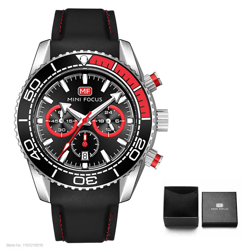 MINI FOCUS Chronograph Quarzuhren für Herren, modische Sport-Armbanduhr mit automatischem Datum, 24-Stunden-Anzeige, blaues Silikonarmband 0426