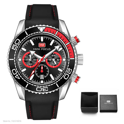MINI FOCUS Chronograph Quarzuhren für Herren, modische Sport-Armbanduhr mit automatischem Datum, 24-Stunden-Anzeige, blaues Silikonarmband 0426