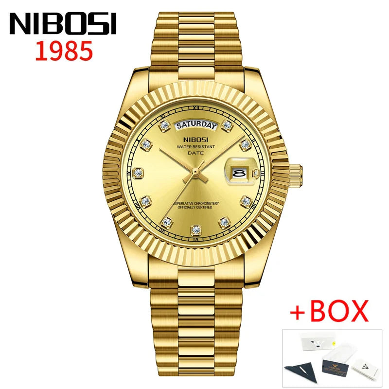 NIBOSI Luxus Gold Quarzuhr Männer Edelstahl Wasserdicht Leucht Datum Woche Mode Diamant Herren Uhren Relogio Masculino