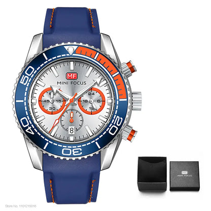 MINI FOCUS Chronograph Quarzuhren für Herren, modische Sport-Armbanduhr mit automatischem Datum, 24-Stunden-Anzeige, blaues Silikonarmband 0426