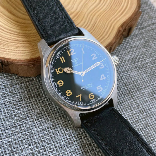 Tandorio 39 mm zwarte wijzerplaat saffierglas 20 ATM duiken NH35A PT5000 automatisch pilotenhorloge geborsteld herenhorloge lederen band