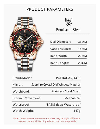 POEDAGAR Luxus Männer Uhr Hohl Tourbillon Automatische Mechanische Mann Uhr Wasserdicht Leucht Edelstahl herren Uhren + Box