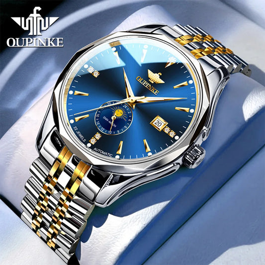 OUPINKE Automatic Men's Watch, Automatic Date, Moon Phase, Chronograph, High-Quality Luxury Diamond Wristwatch for Men, NEW 3275