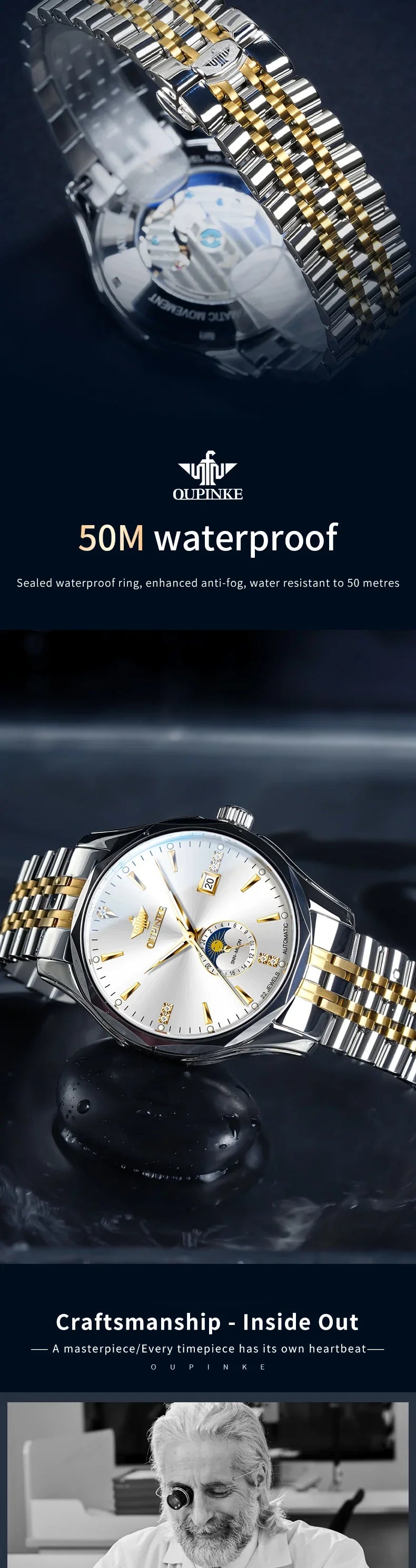 OUPINKE Automatische Herrenuhr, automatisches Datum, Mondphase, Chronograph, hochwertige Luxus-Diamant-Armbanduhr für Herren, NEU 3275