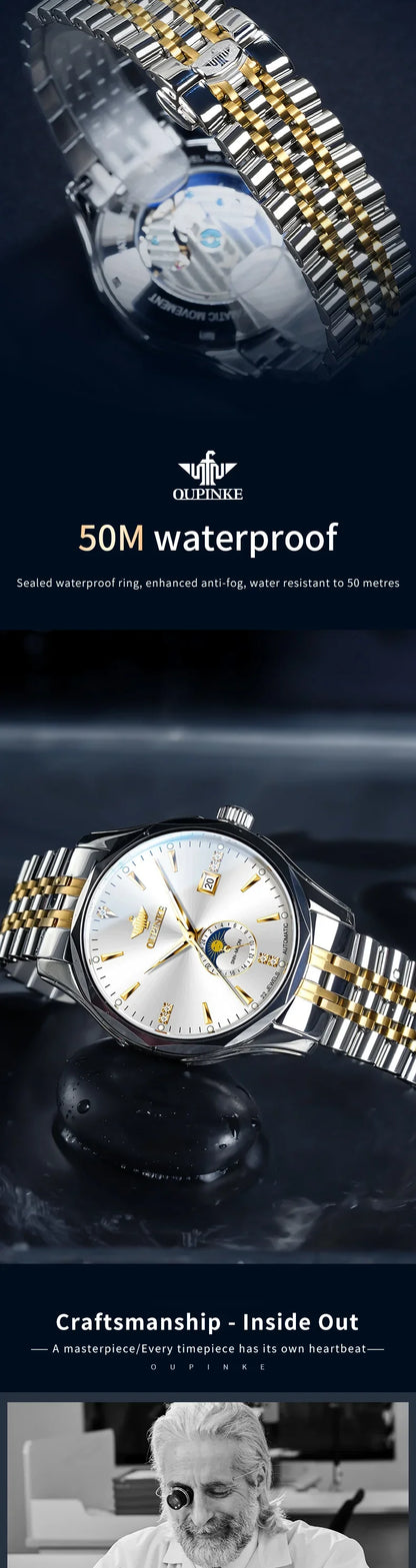 OUPINKE Automatische Herrenuhr, automatisches Datum, Mondphase, Chronograph, hochwertige Luxus-Diamant-Armbanduhr für Herren, NEU 3275