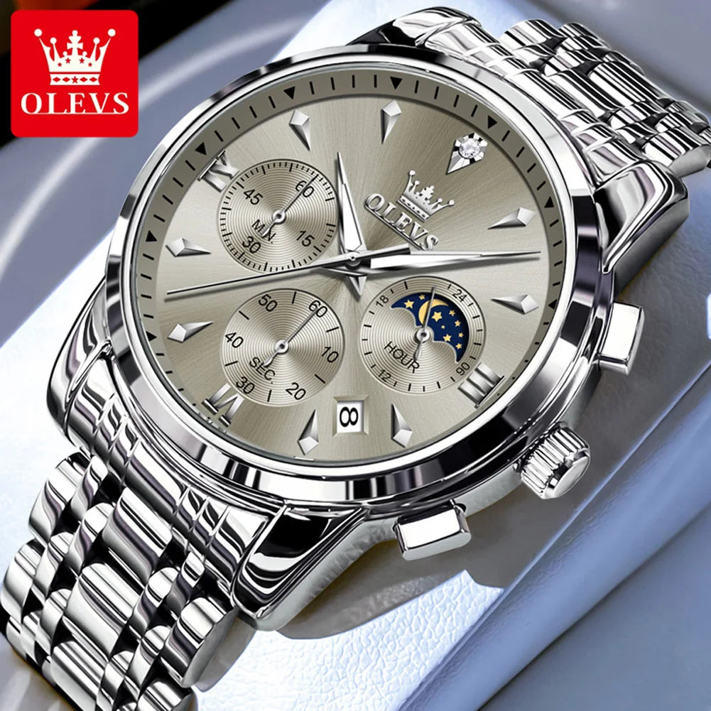 OLEVS 3639 Top Marke Original Luxus Neue Quarzuhr Edelstahl Uhr Für Männer Wasserdicht Leucht Mond Phase Herren Uhr