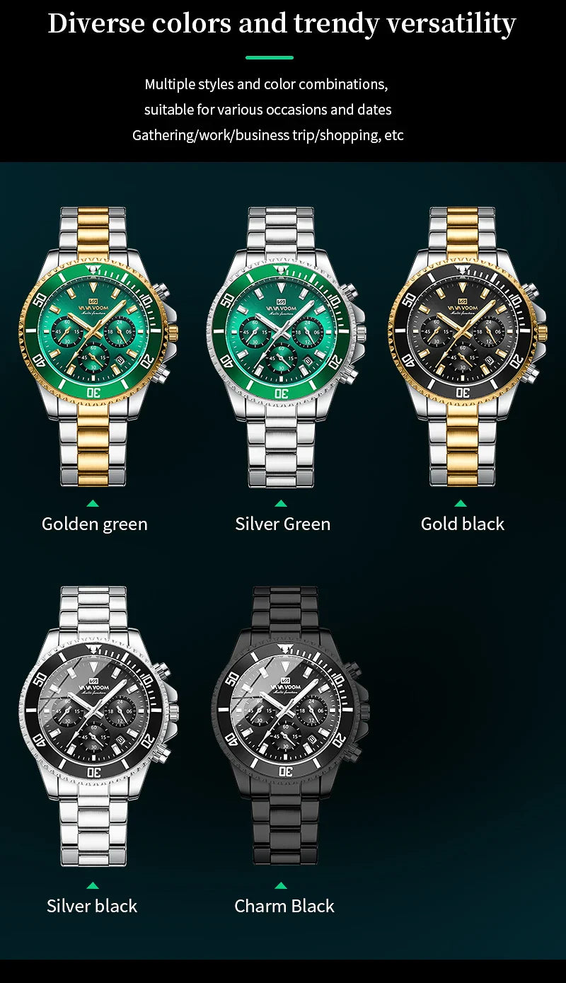 VA VA VOOM Marke Top Männer Uhr 1 Stück Multifunktionale Modische Timing Zifferblatt Grün Gold Edelstahl 3Bar Timing Uhr für Männer