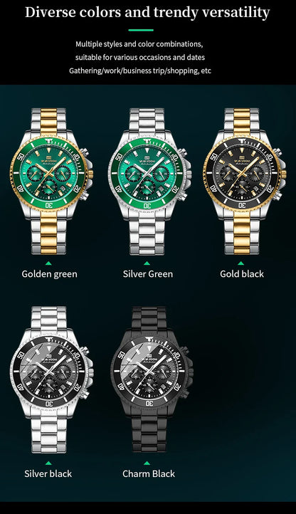VA VA VOOM Marke Top Männer Uhr 1 Stück Multifunktionale Modische Timing Zifferblatt Grün Gold Edelstahl 3Bar Timing Uhr für Männer