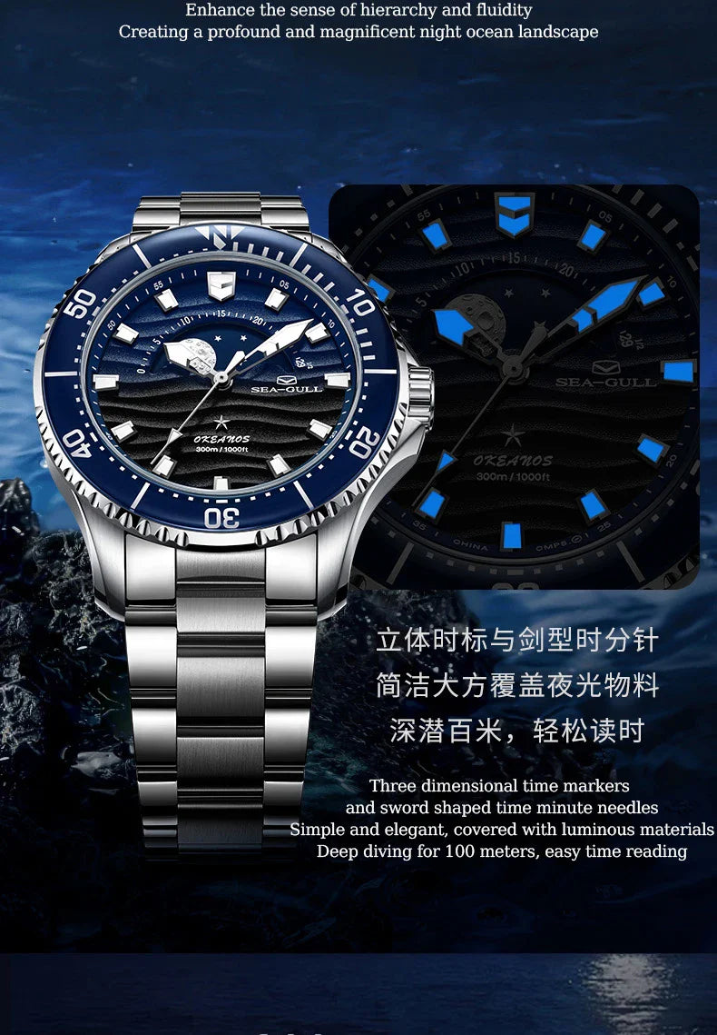 Seagull 43.5mm Diving Watch 300M Waterproof Automatic Mechanical Wristwatch Moon Phase Luminescent Men Watches 1215 New 2025