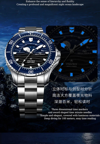 Seagull 43.5mm Diving Watch 300M Waterproof Automatic Mechanical Wristwatch Moon Phase Luminescent Men Watches 1215 New 2025