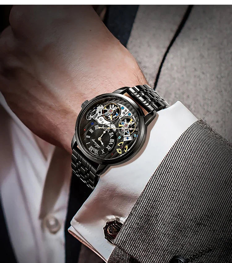 AILANG Top Marke Luxus Uhr Männer Automatische Leucht Schwarz Uhr Männer Doppel Tourbillon Wasserdichte Mechanische Uhr Relogio