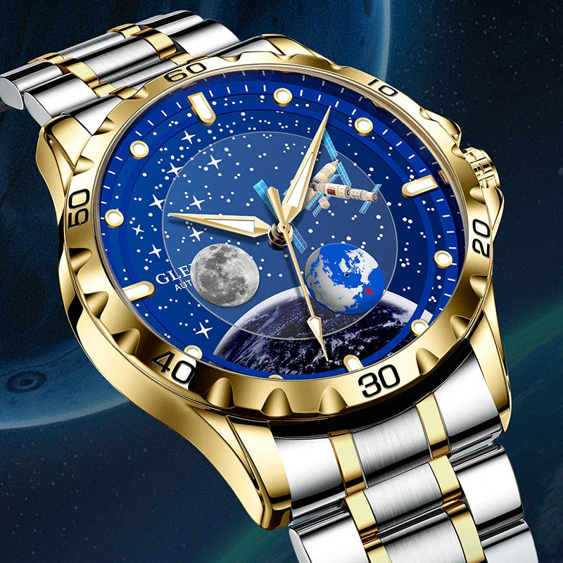 2025 NEUE GLENAW Männer Automatische Uhren Skeleton Starry Sky Mond Phase Leuchtende Wasserdichte Edelstahl Mechanische Uhr Männer