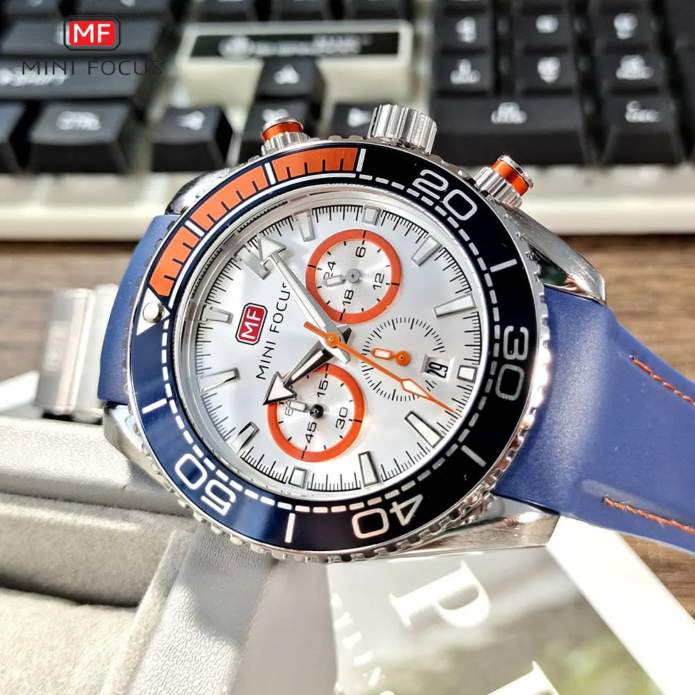 MINI FOCUS Chronograph Quarzuhren für Herren, modische Sport-Armbanduhr mit automatischem Datum, 24-Stunden-Anzeige, blaues Silikonarmband 0426