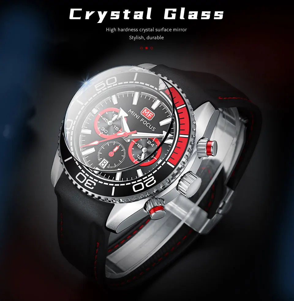MINI FOCUS Chronograph Quarzuhren für Herren, modische Sport-Armbanduhr mit automatischem Datum, 24-Stunden-Anzeige, blaues Silikonarmband 0426