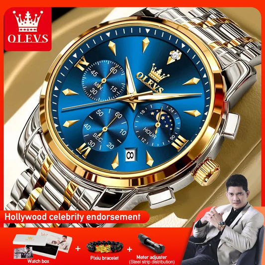 OLEVS 3639 Top Brand Original Luxury New Quartz Watch Stainless Steel Watch For Men Waterproof Luminous Moon Phase Men's Watch