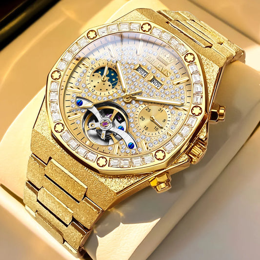 OLEVS Gold Steel Men's Watches Top Brand Automatic Mechanical Luxury Watch Sport Waterproof Tourbillon Wristwatch Reloj Hombre