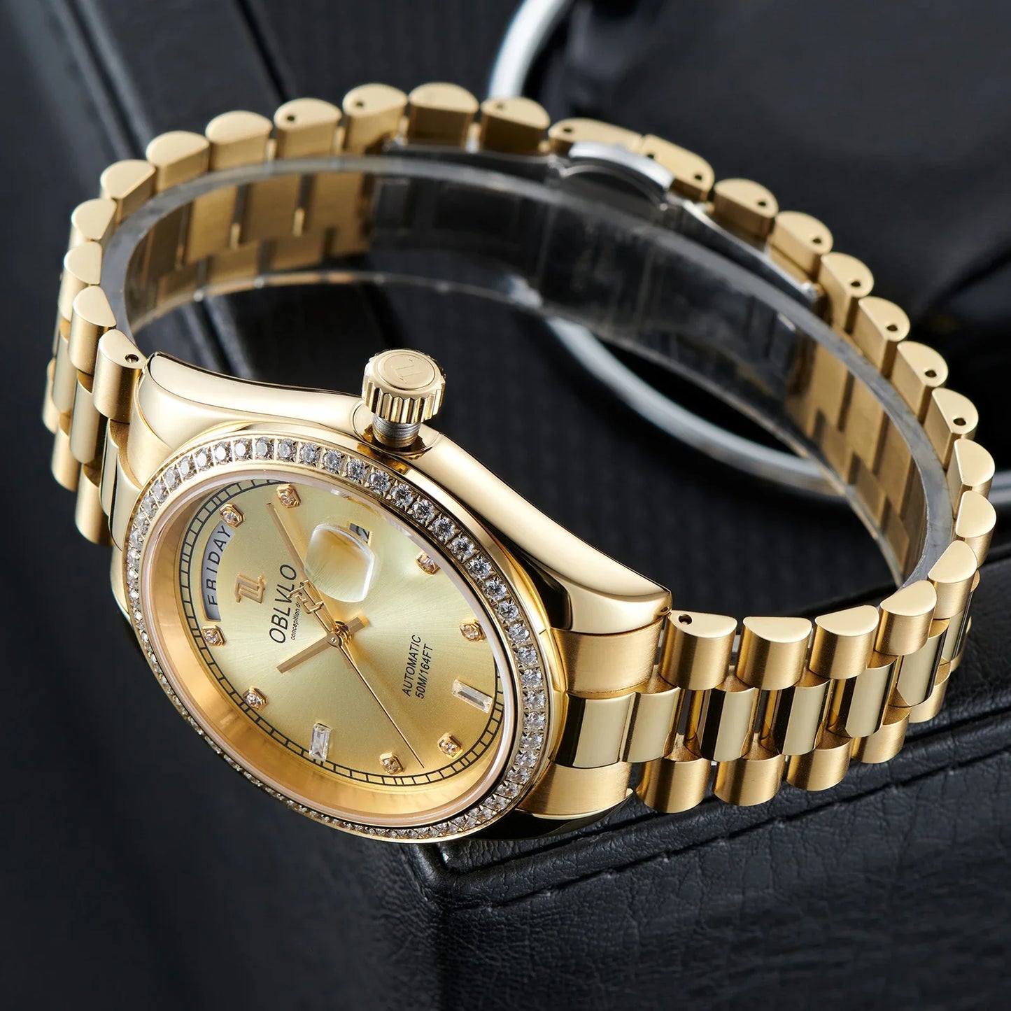 OBLVLO Men's Luxury Watch Yellow Gold White Dial Automatic Date Diamond Bezel Mechanical Bracelet Watches with Day RX-DD