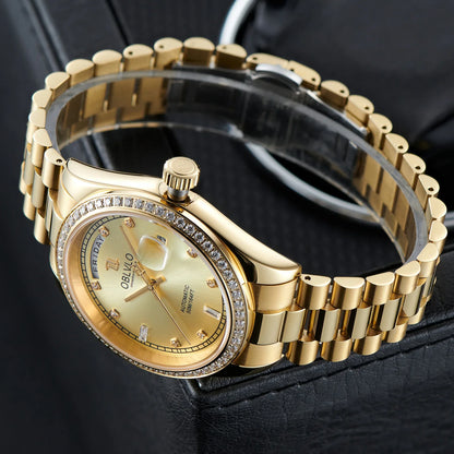 OBLVLO Men's Luxury Watch Yellow Gold White Dial Automatic Date Diamond Bezel Mechanical Bracelet Watches with Day RX-DD