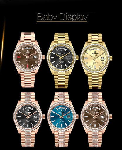 OBLVLO Men's Luxury Watch Yellow Gold White Dial Automatic Date Diamond Bezel Mechanical Bracelet Watches with Day RX-DD