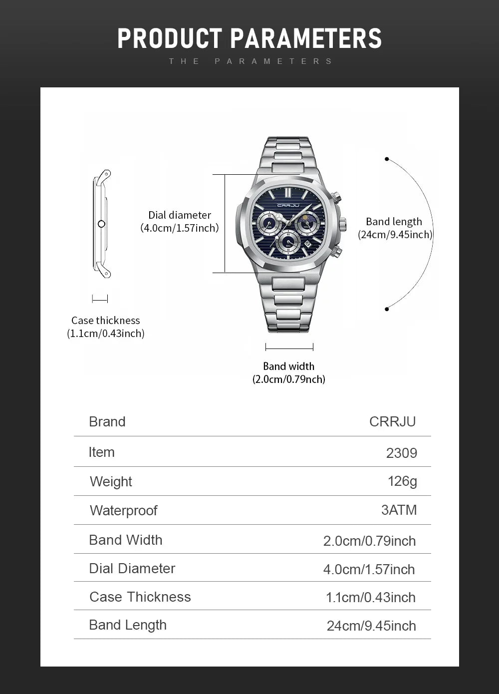 CRRJU Herrenuhr, wasserdicht, leuchtende Armbanduhr, Quarz-Edelstahluhr für Herren, Pilot-Top-Marke, Herrenuhren, Chronograph