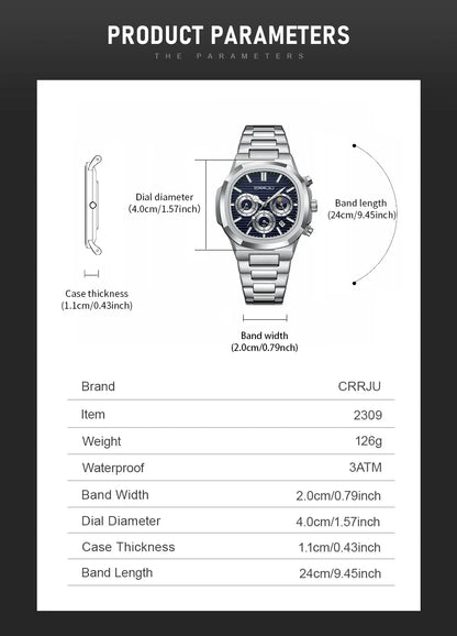 CRRJU Herrenuhr, wasserdicht, leuchtende Armbanduhr, Quarz-Edelstahluhr für Herren, Pilot-Top-Marke, Herrenuhren, Chronograph
