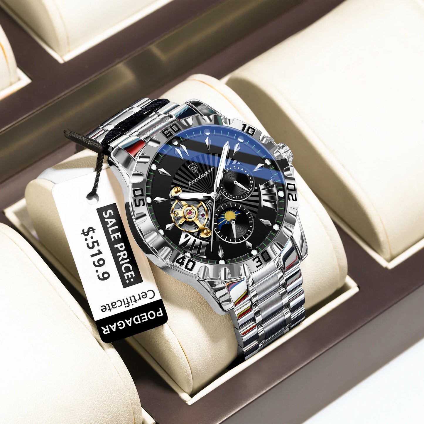 POEDAGAR Luxus Männer Uhr Hohl Tourbillon Automatische Mechanische Mann Uhr Wasserdicht Leucht Edelstahl herren Uhren + Box