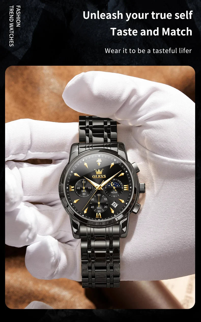 OLEVS 3639 Top Marke Original Luxus Neue Quarzuhr Edelstahl Uhr Für Männer Wasserdicht Leucht Mond Phase Herren Uhr