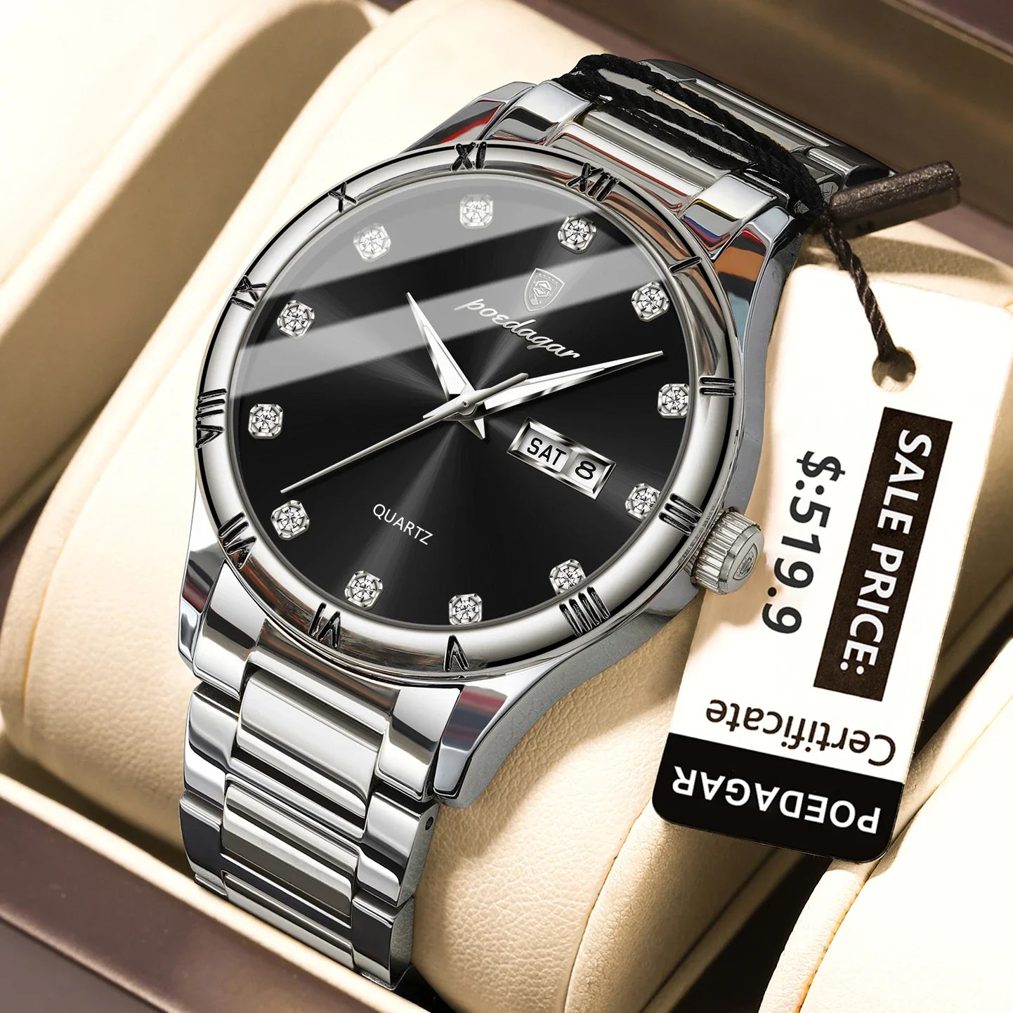 POEDAGAR Top Luxus Uhr Für Mann Datum Woche Wasserdicht Leucht Mann Armbanduhr Quarz Edelstahl herren Uhren Sport Reloj