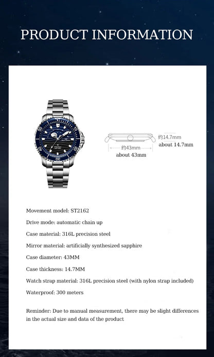 Seagull 43.5mm Diving Watch 300M Waterproof Automatic Mechanical Wristwatch Moon Phase Luminescent Men Watches 1215 New 2025