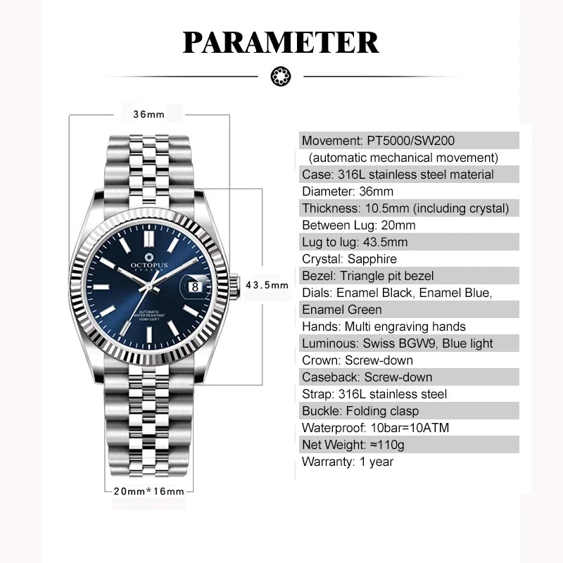 Octopus 36mm Men Mechanical Watch Stainless Steel PT5000/SW200 Automatic Movement 100m Waterproof Fashion Luxury Wristwatch