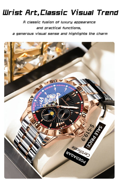 POEDAGAR Luxus Männer Uhr Hohl Tourbillon Automatische Mechanische Mann Uhr Wasserdicht Leucht Edelstahl herren Uhren + Box