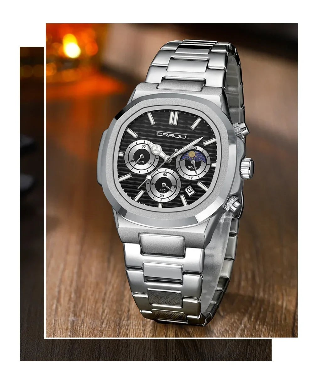 CRRJU Herrenuhr, wasserdicht, leuchtende Armbanduhr, Quarz-Edelstahluhr für Herren, Pilot-Top-Marke, Herrenuhren, Chronograph