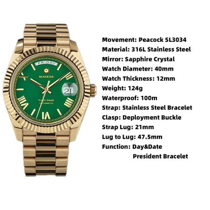 2023 neue Sugess Uhr von Männern 40mm Tag Datum automatische Dandong Sl3034 Uhrwerk Retro mechanische Armbanduhr Saphirglas golden