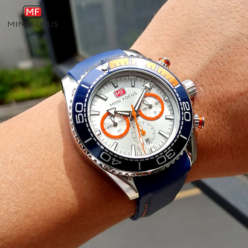 MINI FOCUS Chronograph Quarzuhren für Herren, modische Sport-Armbanduhr mit automatischem Datum, 24-Stunden-Anzeige, blaues Silikonarmband 0426