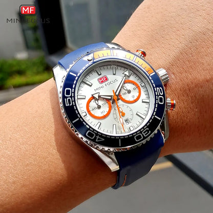 MINI FOCUS Chronograph Quarzuhren für Herren, modische Sport-Armbanduhr mit automatischem Datum, 24-Stunden-Anzeige, blaues Silikonarmband 0426