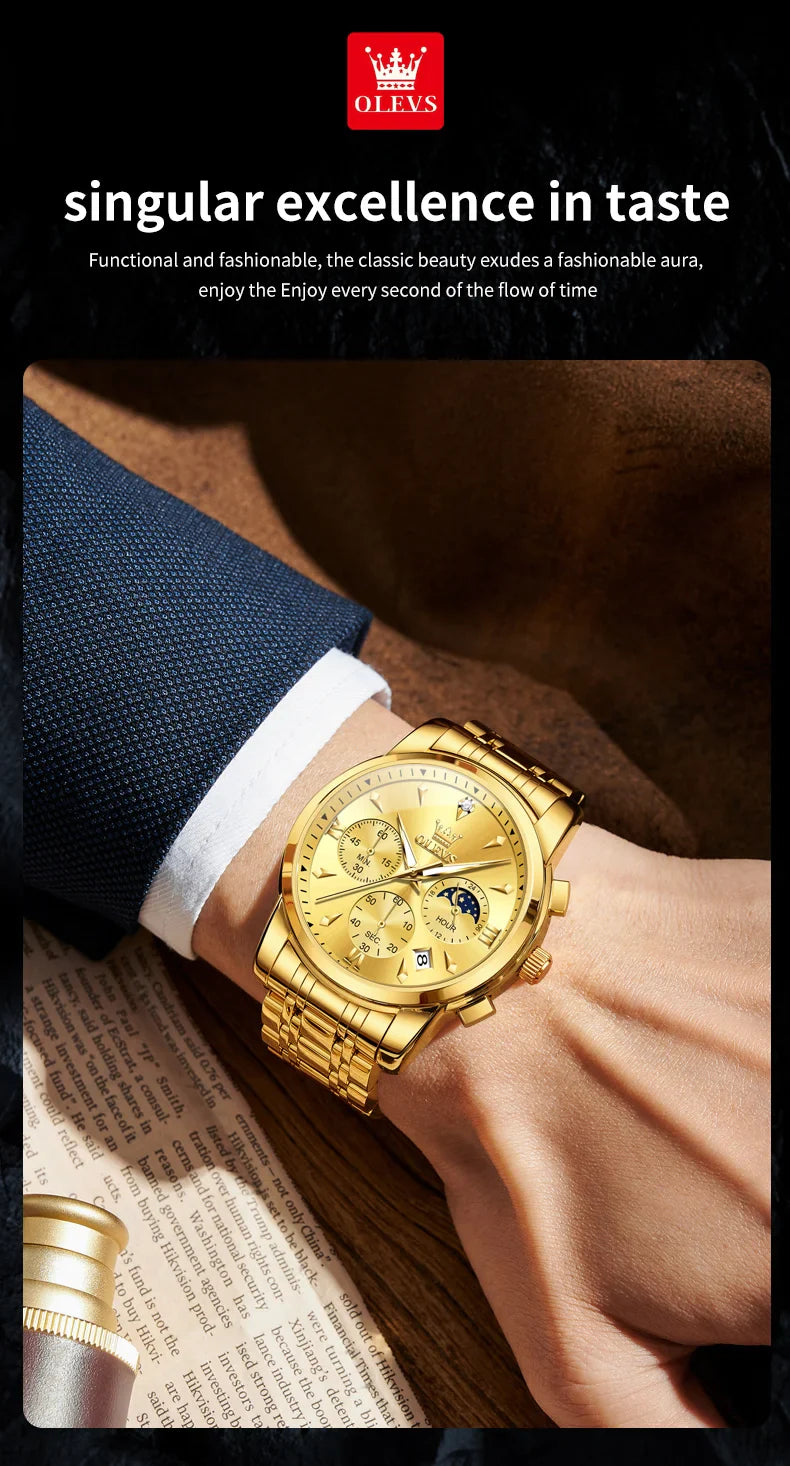 OLEVS 3639 Top Marke Original Luxus Neue Quarzuhr Edelstahl Uhr Für Männer Wasserdicht Leucht Mond Phase Herren Uhr