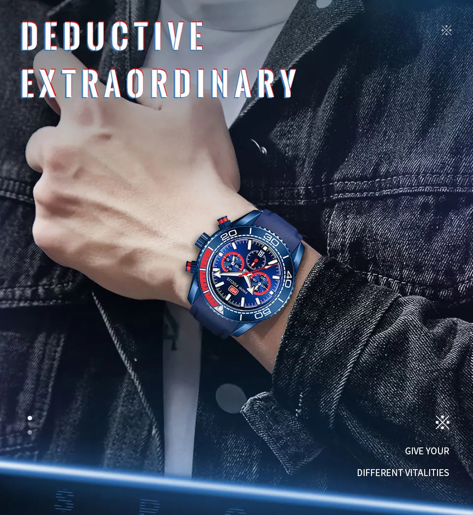 MINI FOCUS Chronograph Quarzuhren für Herren, modische Sport-Armbanduhr mit automatischem Datum, 24-Stunden-Anzeige, blaues Silikonarmband 0426