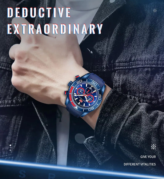 MINI FOCUS Chronograph Quartz Watches for Men, Fashionable Sports Wristwatch with Automatic Date, 24-Hour Display, Blue Silicone Strap 0426