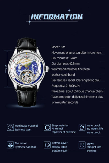 AESOP Diamond Luxury Flying Tourbillon Movement Watch For Men Earth Enamel Dial  Sapphire Skeleton Mechanical Watches Business A