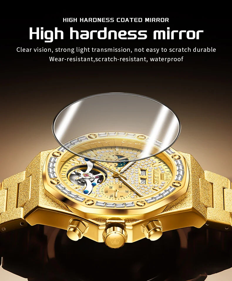 OLEVS Gold Stahl Herren Uhren Top Marke Automatische Mechanische Luxus Uhr Sport Wasserdicht Tourbillon Armbanduhr Reloj Hombre