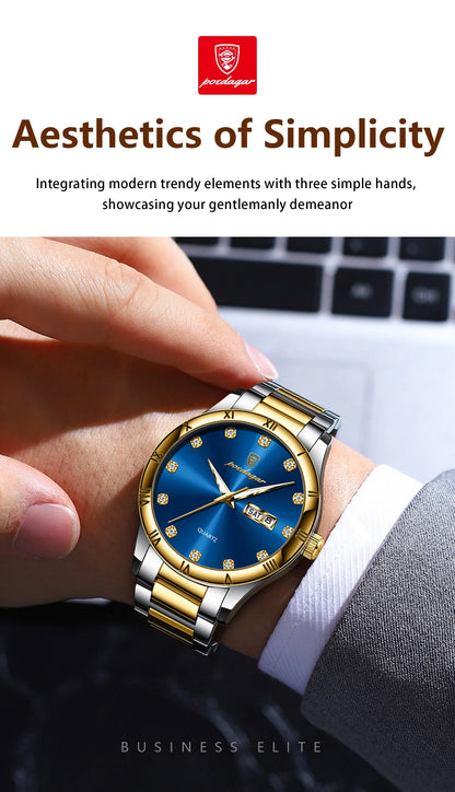 POEDAGAR Top Luxus Uhr Für Mann Datum Woche Wasserdicht Leucht Mann Armbanduhr Quarz Edelstahl herren Uhren Sport Reloj