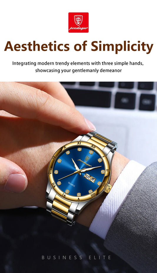 POEDAGAR Top Luxus Uhr Für Mann Datum Woche Wasserdicht Leucht Mann Armbanduhr Quarz Edelstahl herren Uhren Sport Reloj